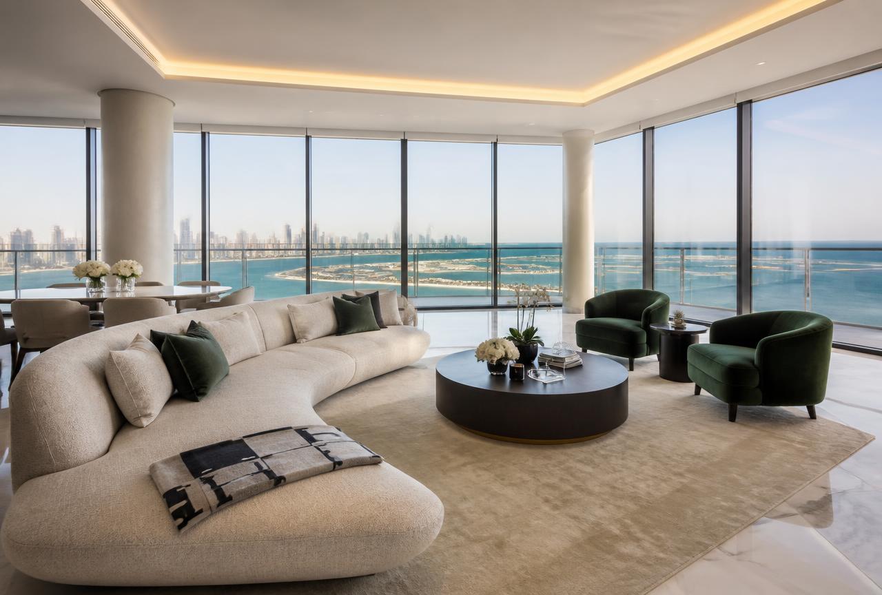Interior of a luxury Dubai beachfront penthouse with floor-to-ceiling windows overlooking Palm Jumeirah and the Arabian Gulf