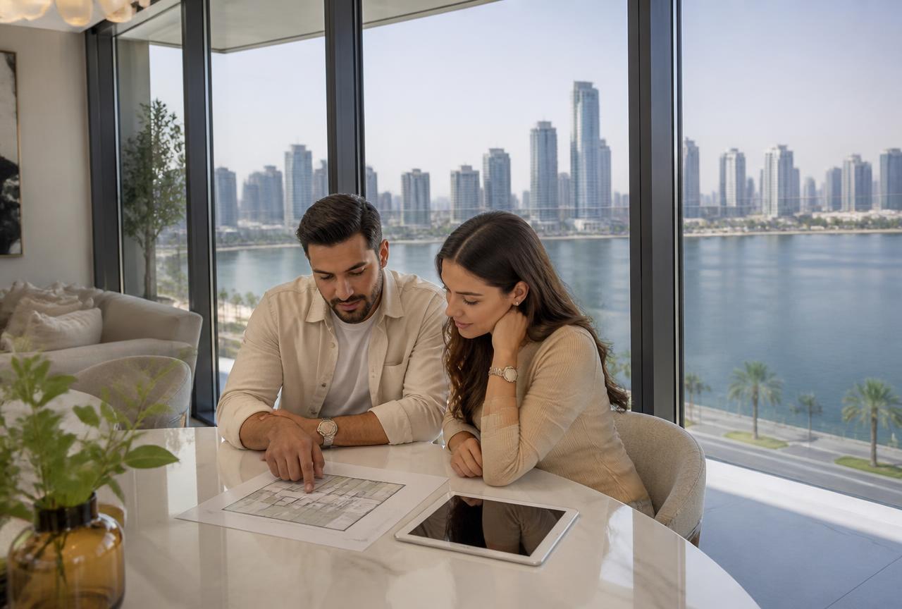 Couple reviewing an apartment floor plan in a bright Creek Harbour living room with floor-to-ceiling windows facing the creek