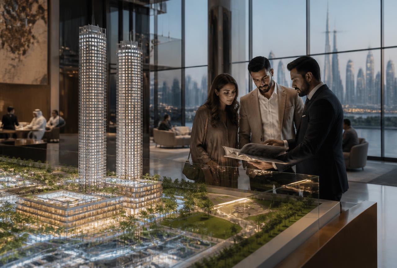 Buyers and a sales consultant reviewing an illuminated architectural scale model in a premium Dubai developer sales gallery