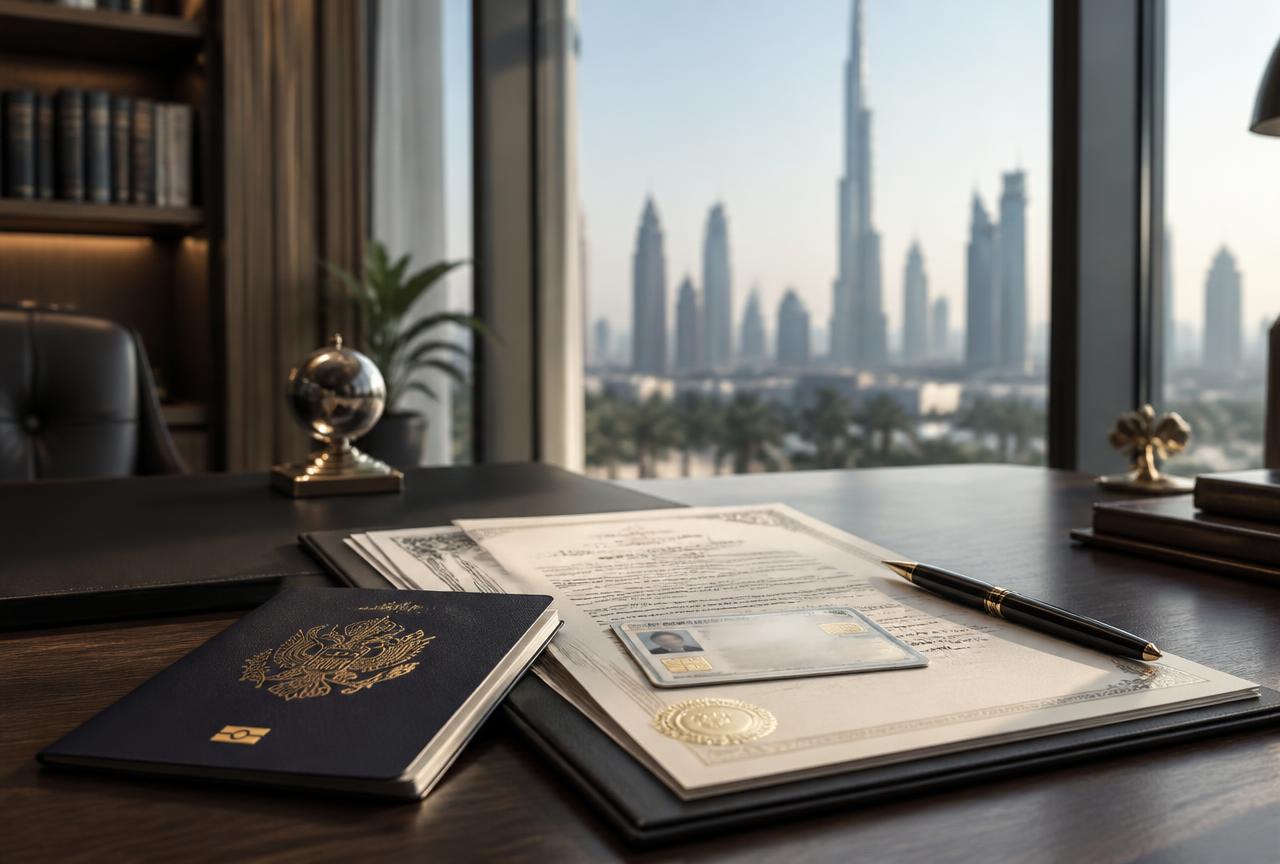 Passport, Emirates ID and a Dubai title deed on a lawyer's desk with the Burj Khalifa skyline visible through the window