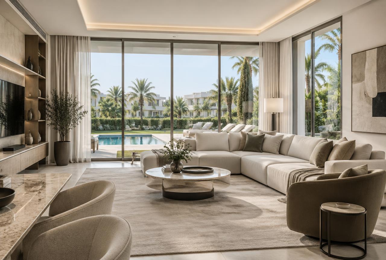 Contemporary living room inside a Dubai Hills Estate villa with floor-to-ceiling glass doors opening onto a private garden and pool