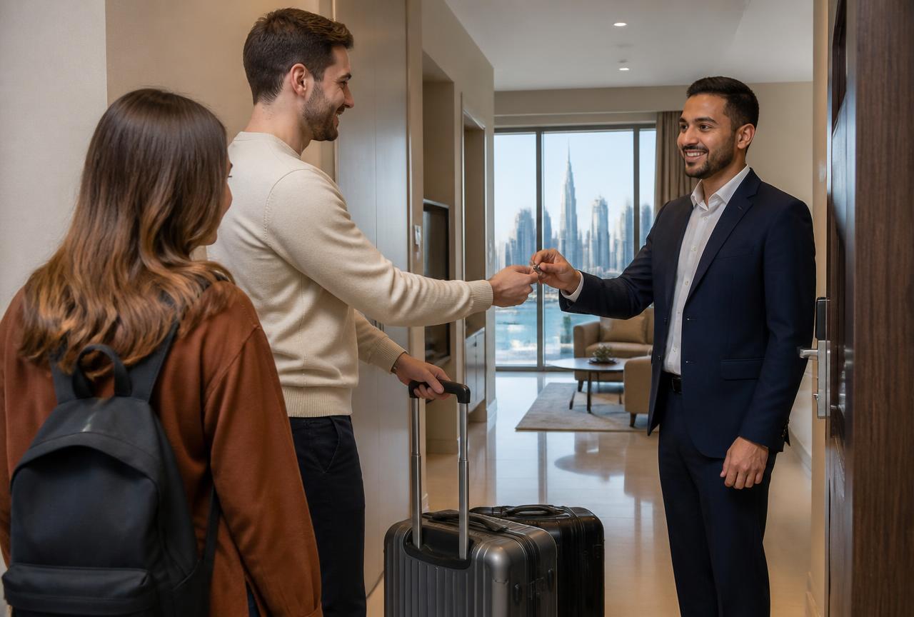 Property manager handing keys to arriving guests at the door of a modern Dubai apartment with the skyline visible behind