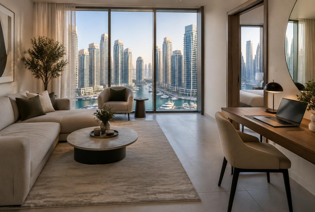 Furnished one-bedroom apartment in Dubai Marina with floor-to-ceiling windows, marina views and a work desk with a laptop