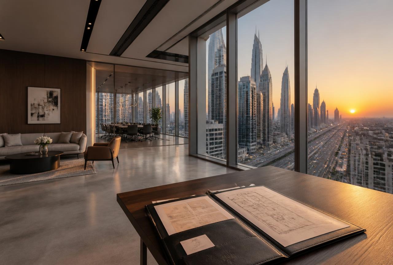 Fitted-out empty office floor in a Dubai tower at sunset with floor plans and a leasing folder on a table in the foreground