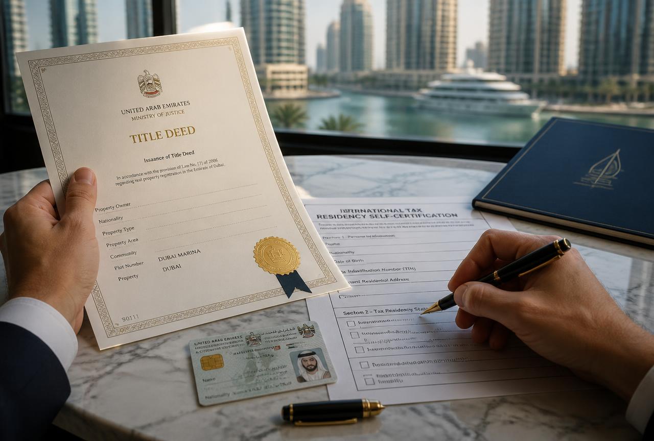 Investor holding a UAE title deed while completing an international tax residency self-certification form beside an Emirates ID