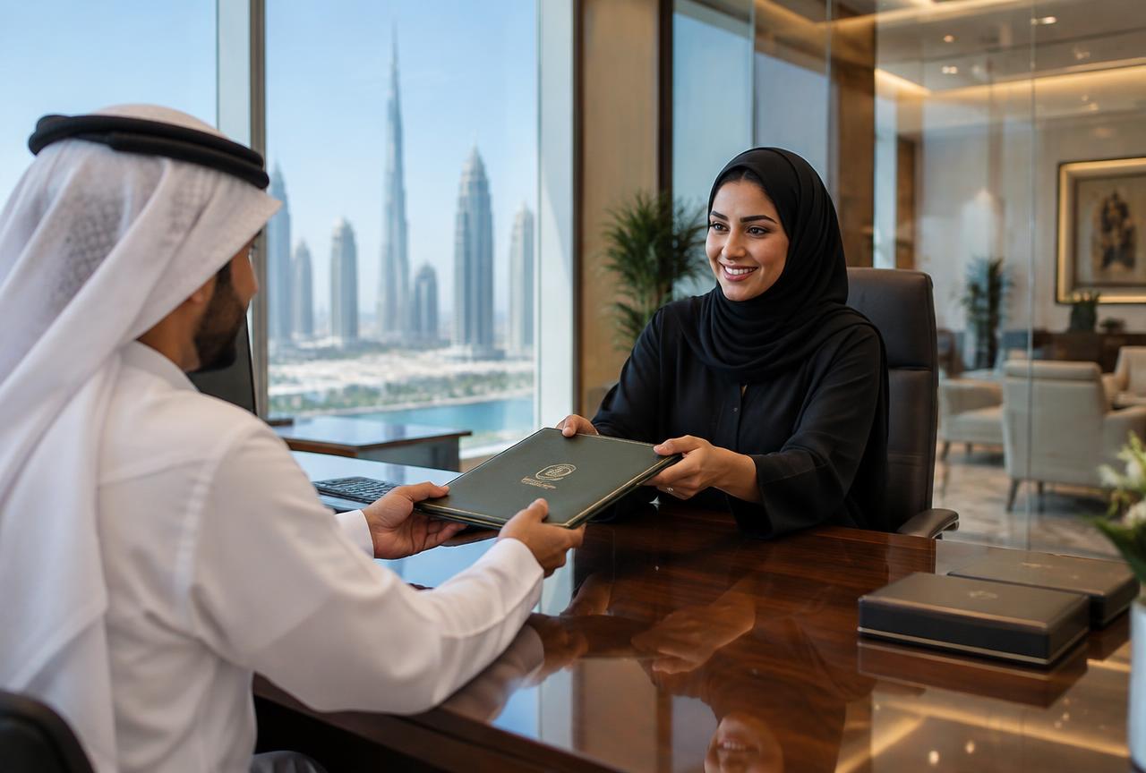 Title deed folder being handed across a desk inside a Dubai Land Department registration trustee office with the city skyline behind