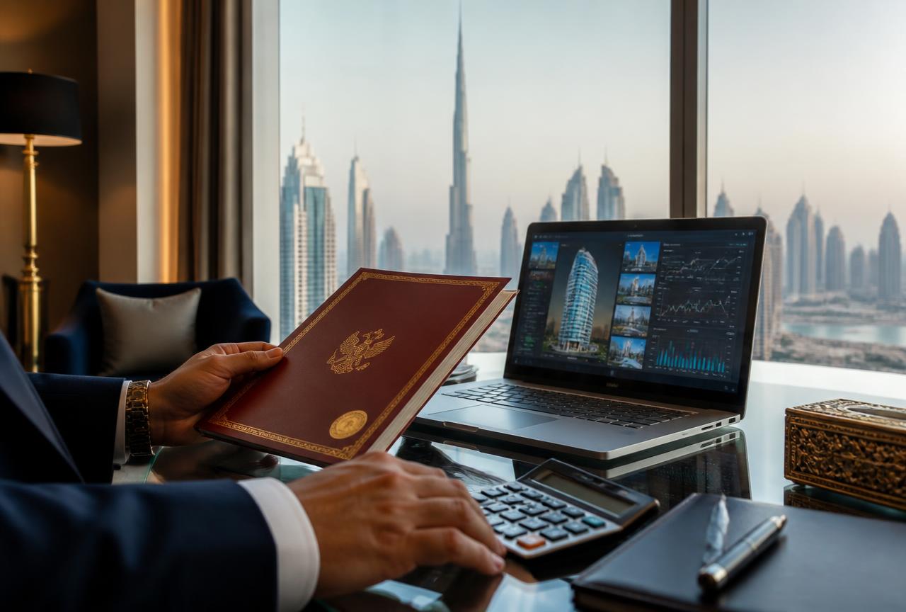 Investor reviewing a Dubai title deed and cost calculations beside a laptop with the Burj Khalifa in the background