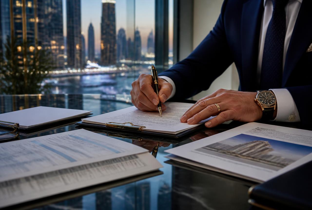 Buyer signing a Dubai home loan agreement beside bank statements and a property valuation report with the Marina skyline behind