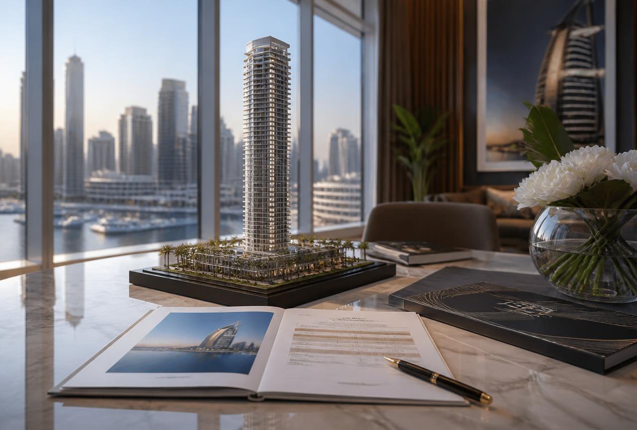 Architectural scale model of a Dubai tower on a marble sales table beside a payment-plan document and fountain pen