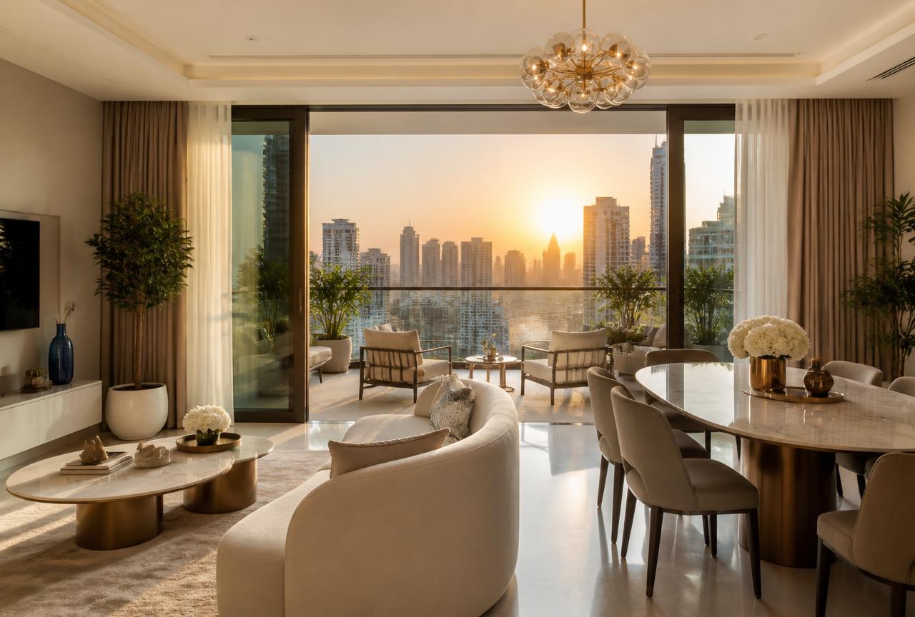 Modern furnished Dubai apartment interior with open balcony doors and a residential skyline view at sunset