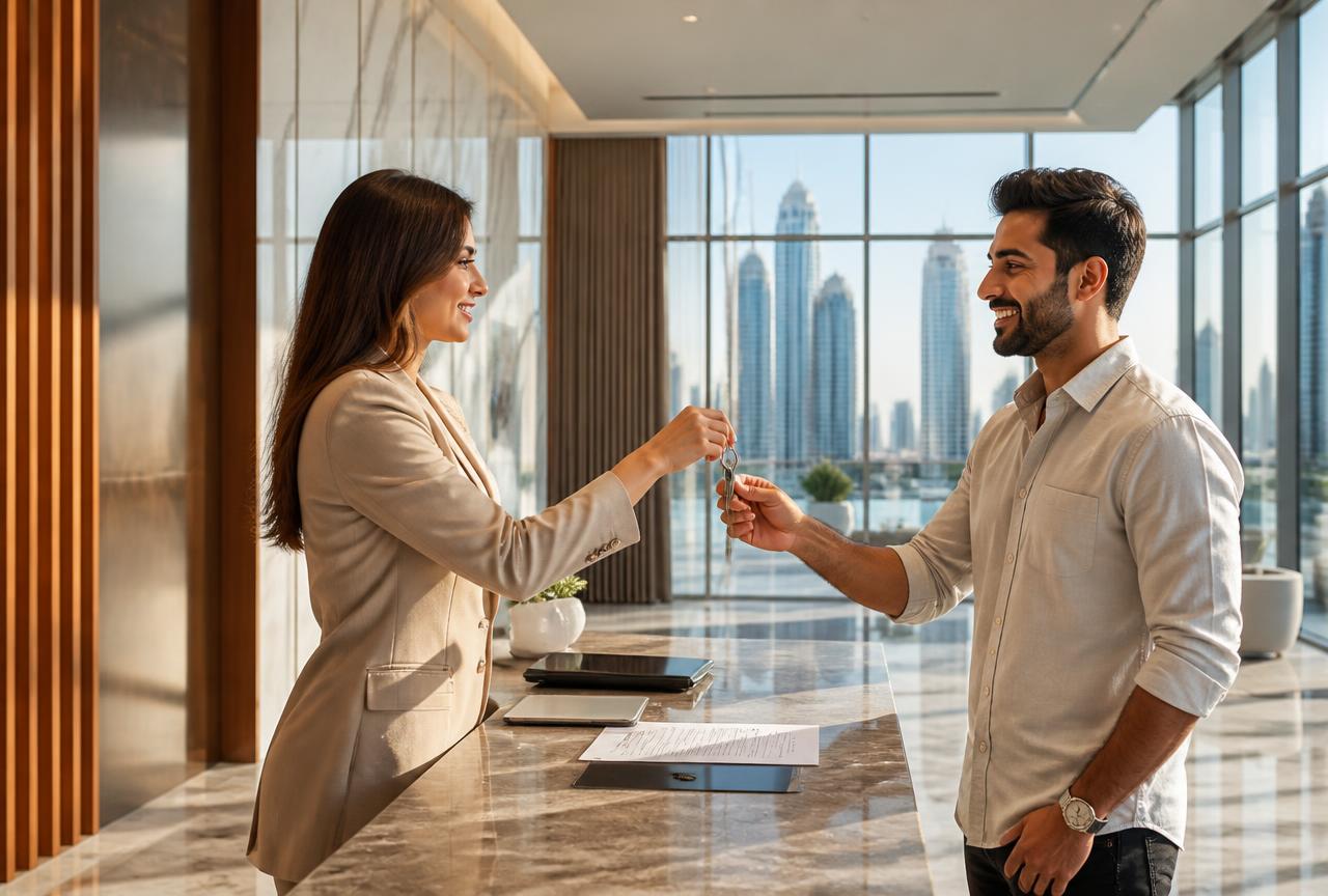 Property manager handing apartment keys to a tenant in a modern Dubai building lobby with a tenancy contract on the counter