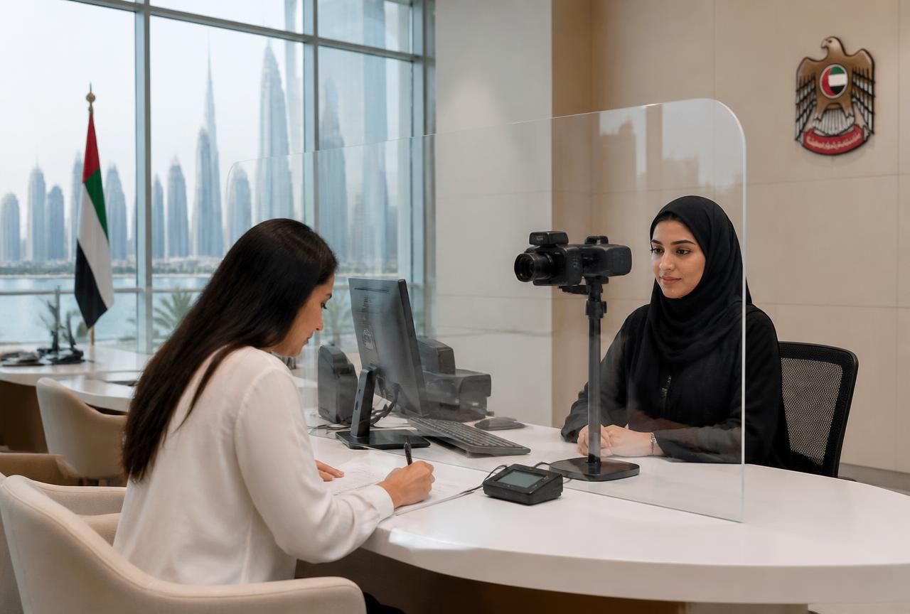 Applicant completing UAE residency paperwork at a modern government service center desk with biometric equipment and the Dubai skyline outside